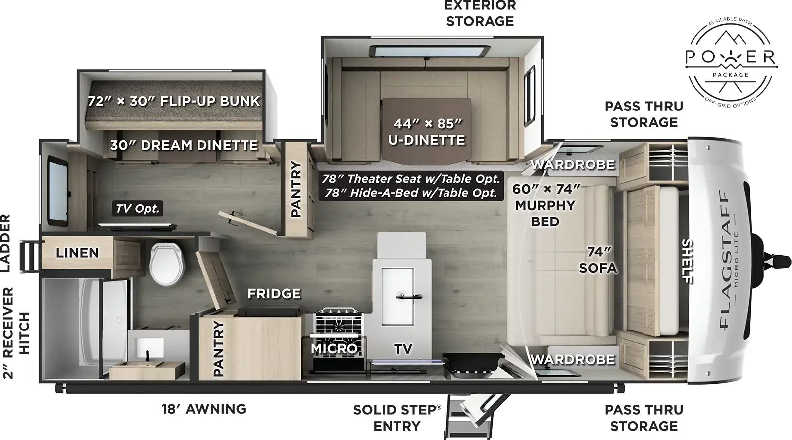 The Flagstaff Micro Lite 25FBH floorplan has one entry and two slide outs. Exterior features include: fiberglass exterior and 18' awning. Interiors features include: bunk beds, u-dinette and murphy bed.